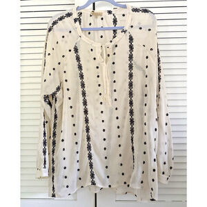 Democracy Sheer Top Womens XL Embroidered Polka Dot Balloon Sleeve Tie Neckline